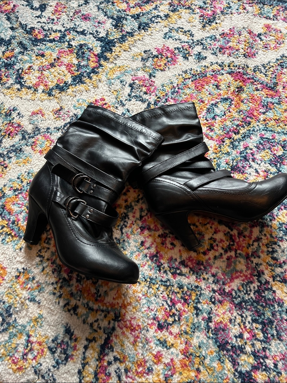 Black Women's Mid-Calf Heeled Boots with Buckle Straps